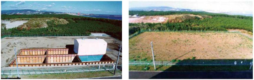 原子力機構の埋設実地試験における埋設段階（左）及び保全段階（右）の様子