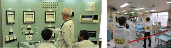 原子力機構における研修（左）、量研による被ばく医療研修（右）の様子