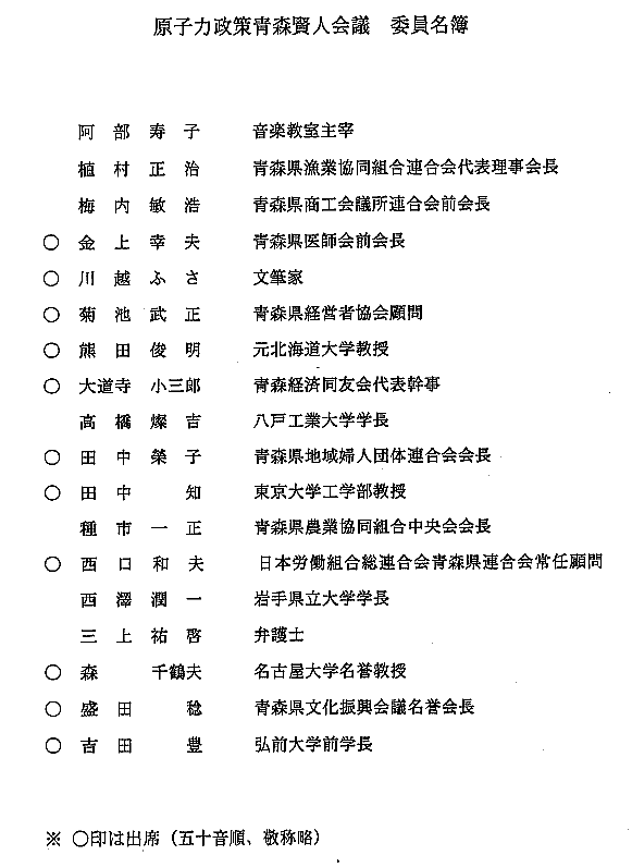 原子力政策青森賢人会議　委員名簿