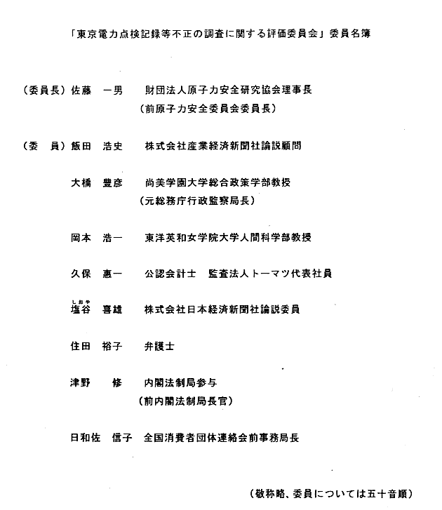「東京電力点検記録等不正の調査過程に関する評価委員会」委員名簿