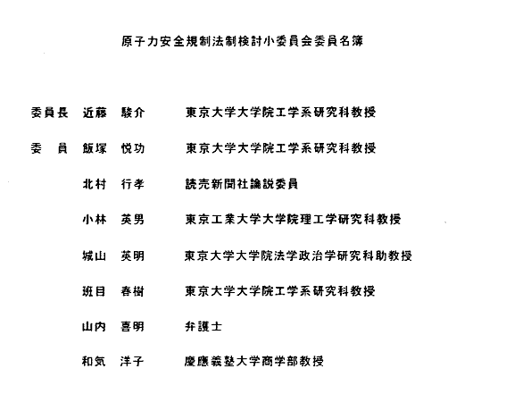 原子力安全規制法制検討小委員会委員名簿