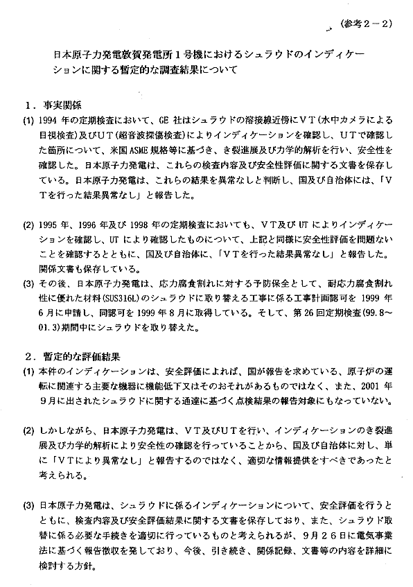 日本原子力発電敦賀発電所1号機におけるシュラウドのインディケーションに関する暫定的な調査結果について