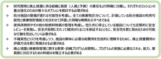 ARTEMISレビュー報告書における、原子力機構に対する主な提言と助言