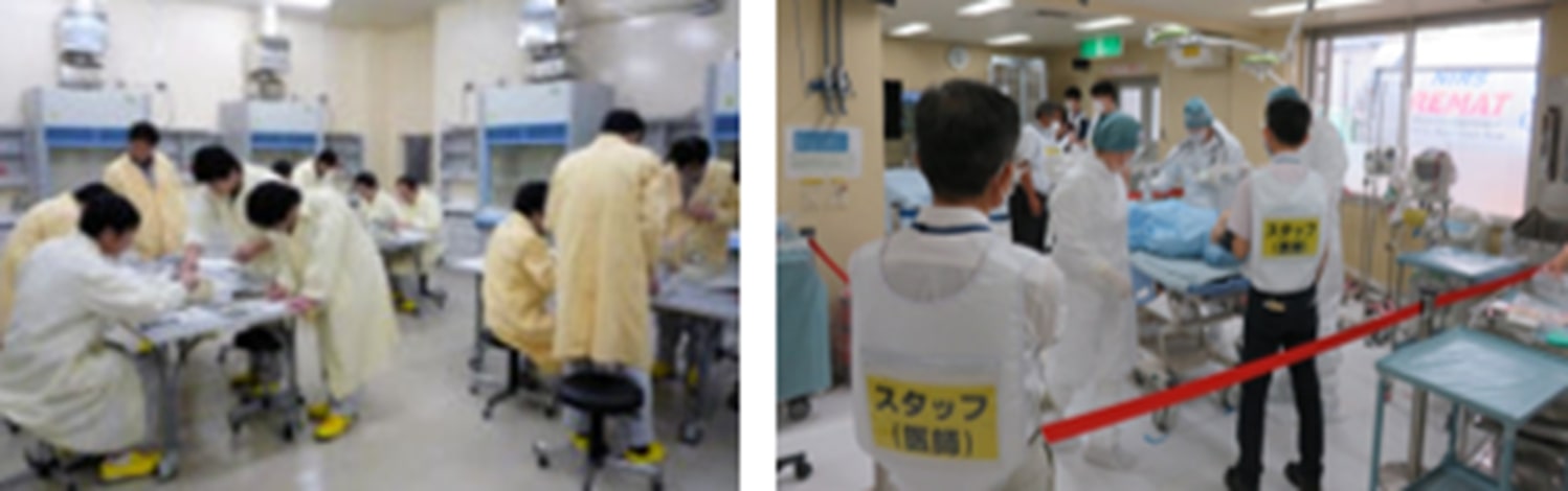 原子力機構における研修（左）、QSTによる被ばく医療研修（右）の様子
