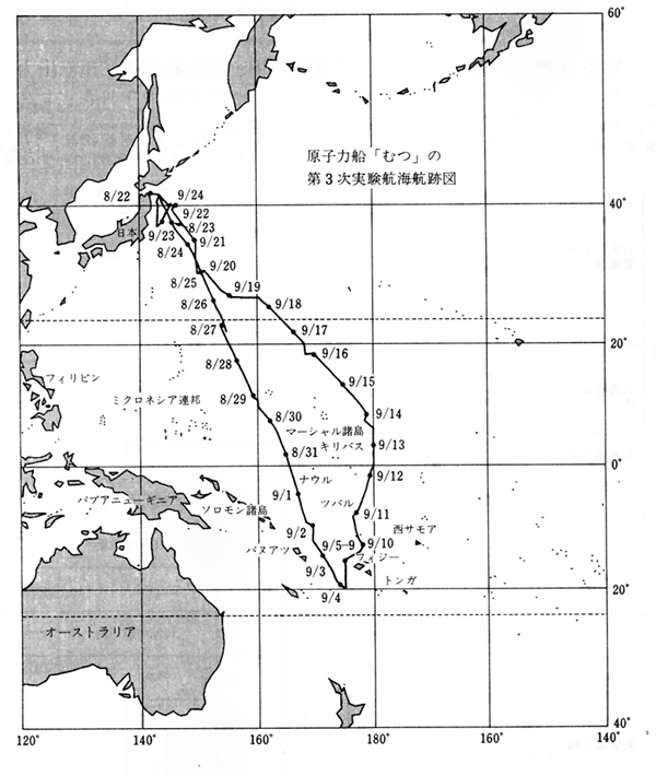 原子力船「むつ」の第3次実験航海航跡図