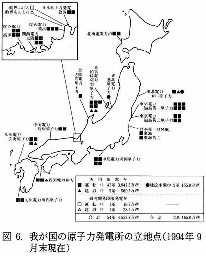 図6.我が国の原子力発電所の立地点（1994年9月末現在）